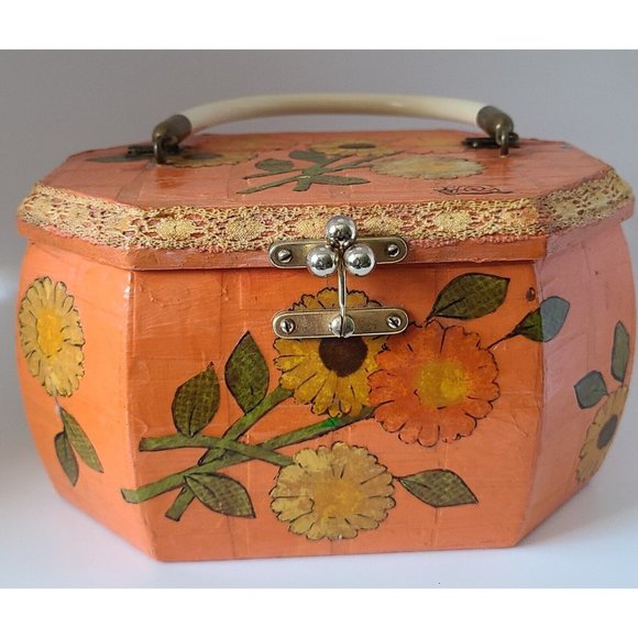 VINTAGE SIGNED BILLIE ROSS OF THE PALM BEACHES FLORAL WOOD PURSE HANDBAG - Picture 1 of 10